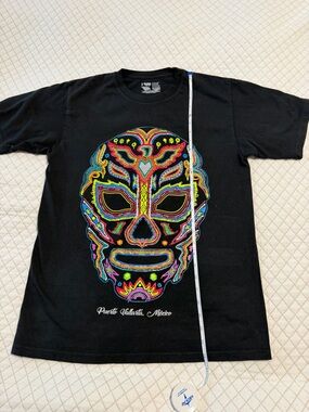 Puerto Vallarta Mexico Lucha Libre Mask Graphic Tee - Huichol Art Style